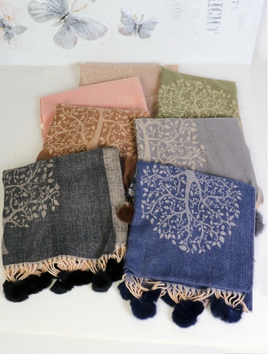 Cashmere Feeling Tree of Life Scarf with Pom-Poms